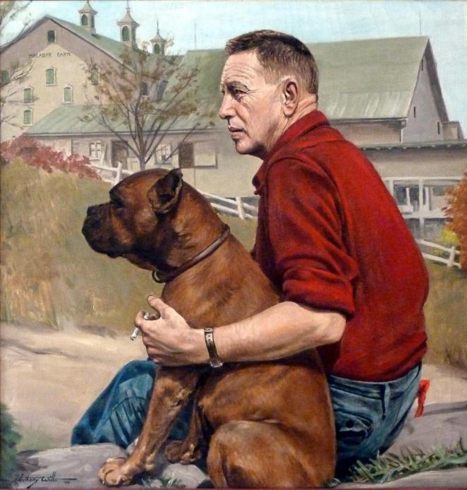 Louis Bromfield with his boxer, Prince, at Malabar Farm in Lucas, Ohio